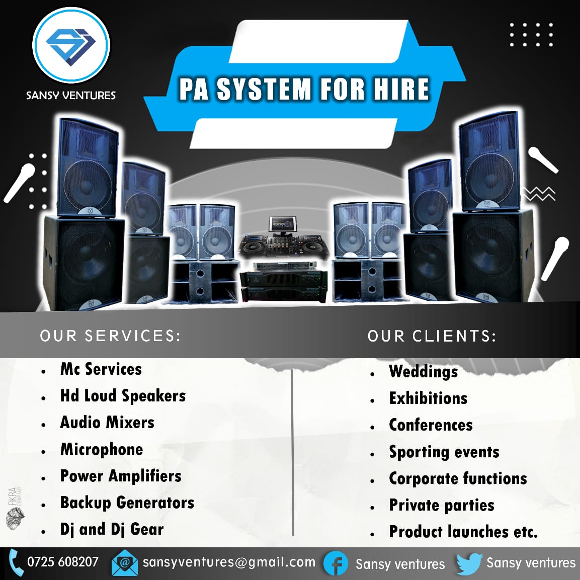 kotsmeclub's tweet photo. Good Music is food to the soul. 
Good music comes from quality sound system. @SansyVentures will make your event special with quality PA systems and Dj equipment that will keep your guests entertained throughout.
Entertainment at its best!!
WhatsApp/Call  0725608207/0777608207 https://t.co/WtgWhbHe6U