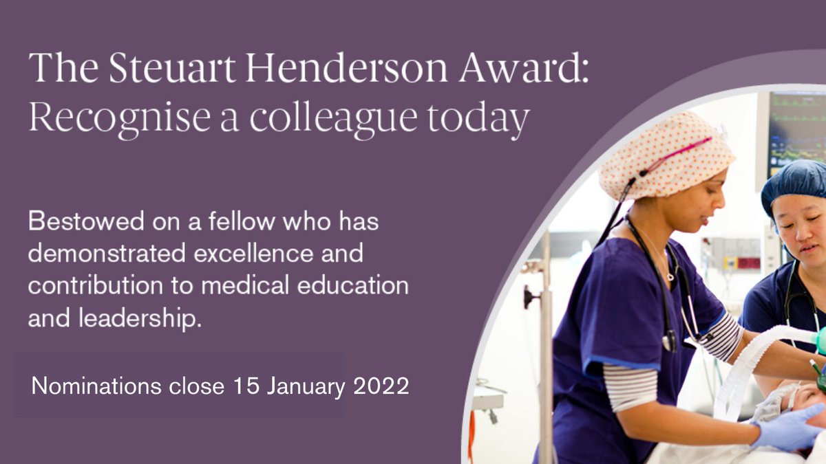 ANZCA's tweet photo. Recognise a colleague today! Applications for the 2022 #SteuartHendersonAward are now open to all #FANZCA &amp; #FFPMANZCA. Full details: https://t.co/9RuuuxC7ee #RecognisingExcellence https://t.co/SPmKeRthsO