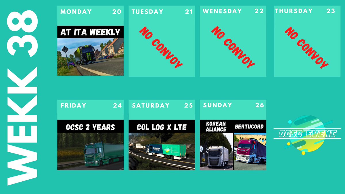 OCSC_Officiel's tweet photo. Here is next week convoys which we supervise. If you want us to supervise your event, go to https://t.co/rFWpNgZosD and fill in all information there and our Event Team will take contact with you! 

#ETS2 #truckersmp #superviseevent #convoy #convoycontrol https://t.co/WnppzuO2qp