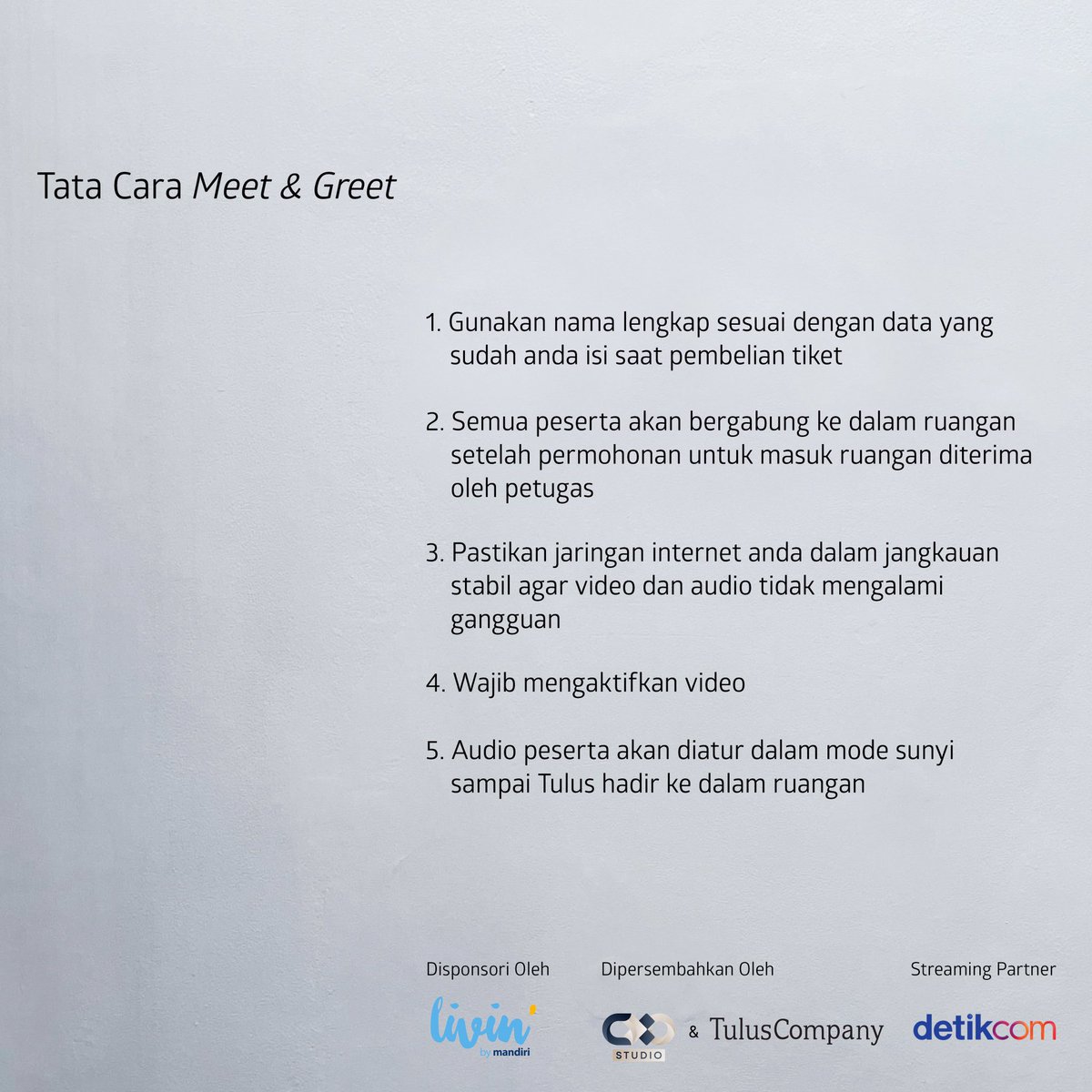 temantulus's tweet image. Malam ini!

Pertunjukan virtual “Terlalu Rindu” akan dimulai. Siapa saja yang sudah punya tiketnya?

Simak tata cara yang Teman TULUS harus ketahui menuju pertunjukan nanti malam.

Kita jumpa segera!

#TULUSTerlaluRindu
#TULUS10TahunBerkarya