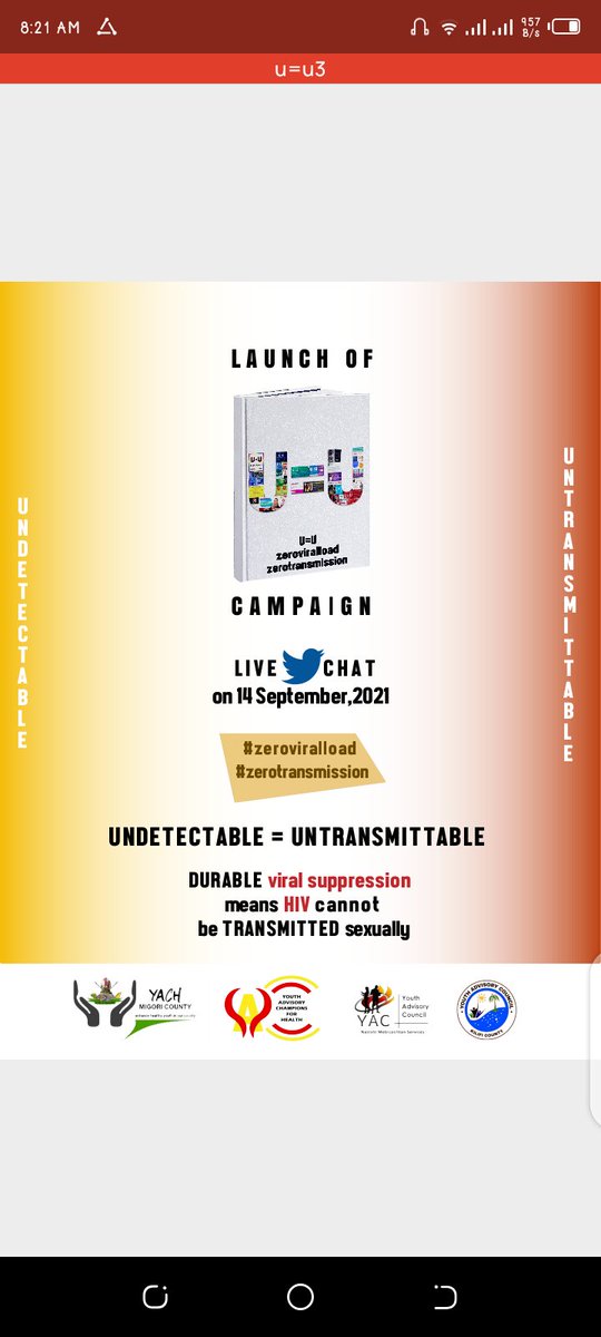 YACHSiaya's tweet photo. Undetectable =Untransmittable is effective as long as you keep your clinic appointments and take your ARVs consistently. Join us today for the launch of U=U campaign @NEPHAKKENYA
#zeroviralload #Zerotransmission https://t.co/vdIL9oHfQi https://t.co/m6fNq9rQiO
