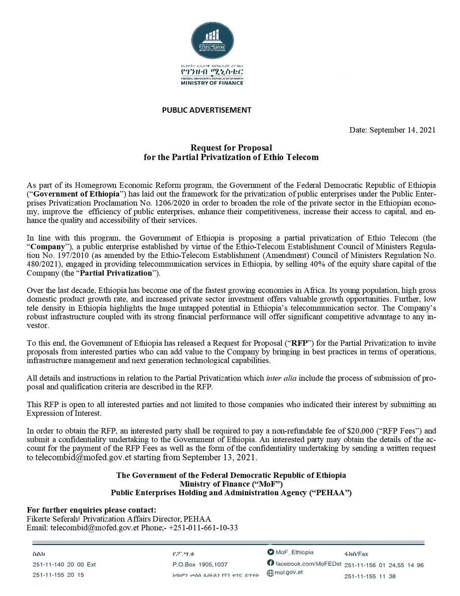 MoF_Ethiopia's tweet photo. The Government of Ethiopia has released an RFP for the Partial Privatization of Ethio-Telecom to invite proposals from interested parties who can add value to the company by bringing in best practices in operations, infrastructure management &amp; technological capabilities. https://t.co/1eOhdeg0V6