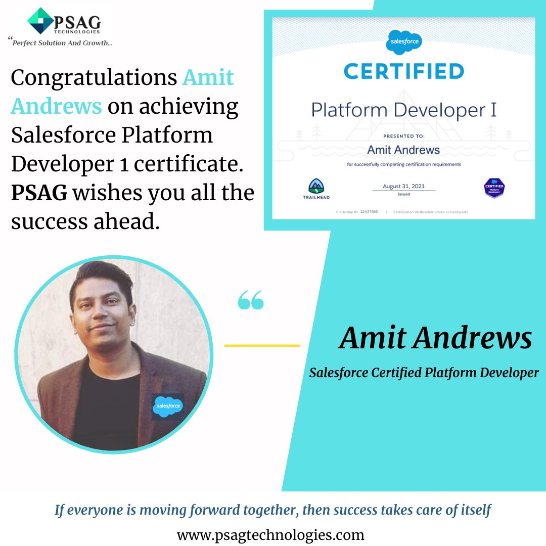 psag_tech's tweet image. Congratulations to our team member &quot;Amit Andrews&quot; for achieving Salesforce Platform Developer 1 certificate. All the very best to future endeavors. #SalesforceCertified #SalesforceDevelopers #PlatformDeveloper #Salesforce #PSAG