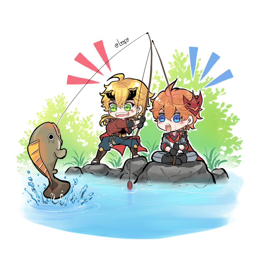 tartaglia (genshin impact) ,thoma (genshin impact) 2boys multiple boys fishing mask on head mask fishing rod fish  illustration images