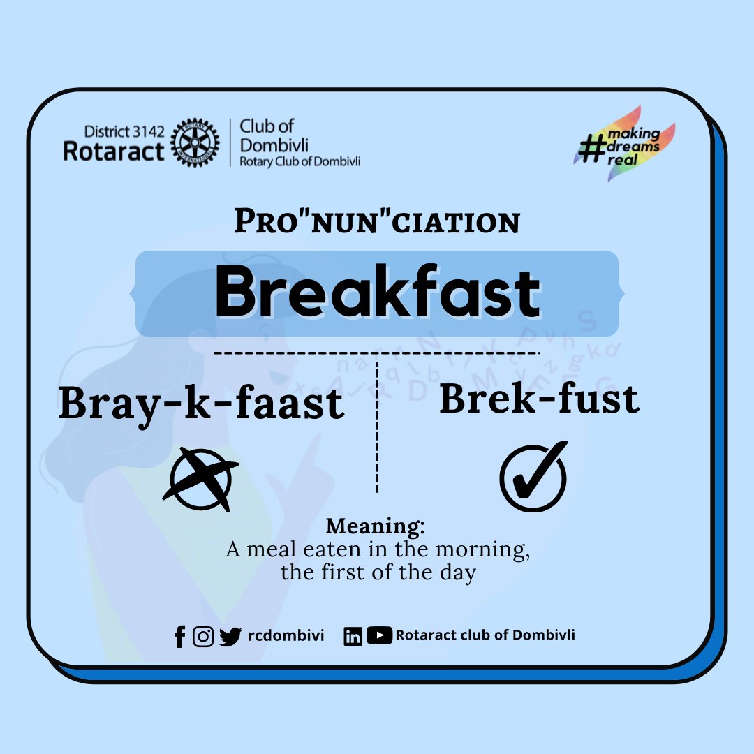 rcdombivli's tweet photo. Word of the day : Breakfast

Pro"nun"ciation ~ Let’s pronounce words the right way! https://t.co/ApIbugC30I