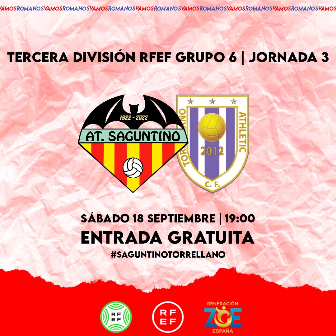 AtcoSaguntino's tweet photo. 𝐉𝐎𝐑𝐍𝐀𝐃𝐀 𝟑

¡Este próximo sábado volvemos a la liga! ¡Os esperamos a tod@s!

🗓️ 18/09
⏰ 19:00
🏟️ Nou Camp de Morvedre
🆚 @athltorrellano
🎟️ 𝗘𝗡𝗧𝗥𝗔𝗗𝗔 𝗚𝗥𝗔𝗧𝗨𝗜𝗧𝗔

#VamosRomanos #SaguntinoTorrellano #100Saguntino https://t.co/VDiVJV0lsi