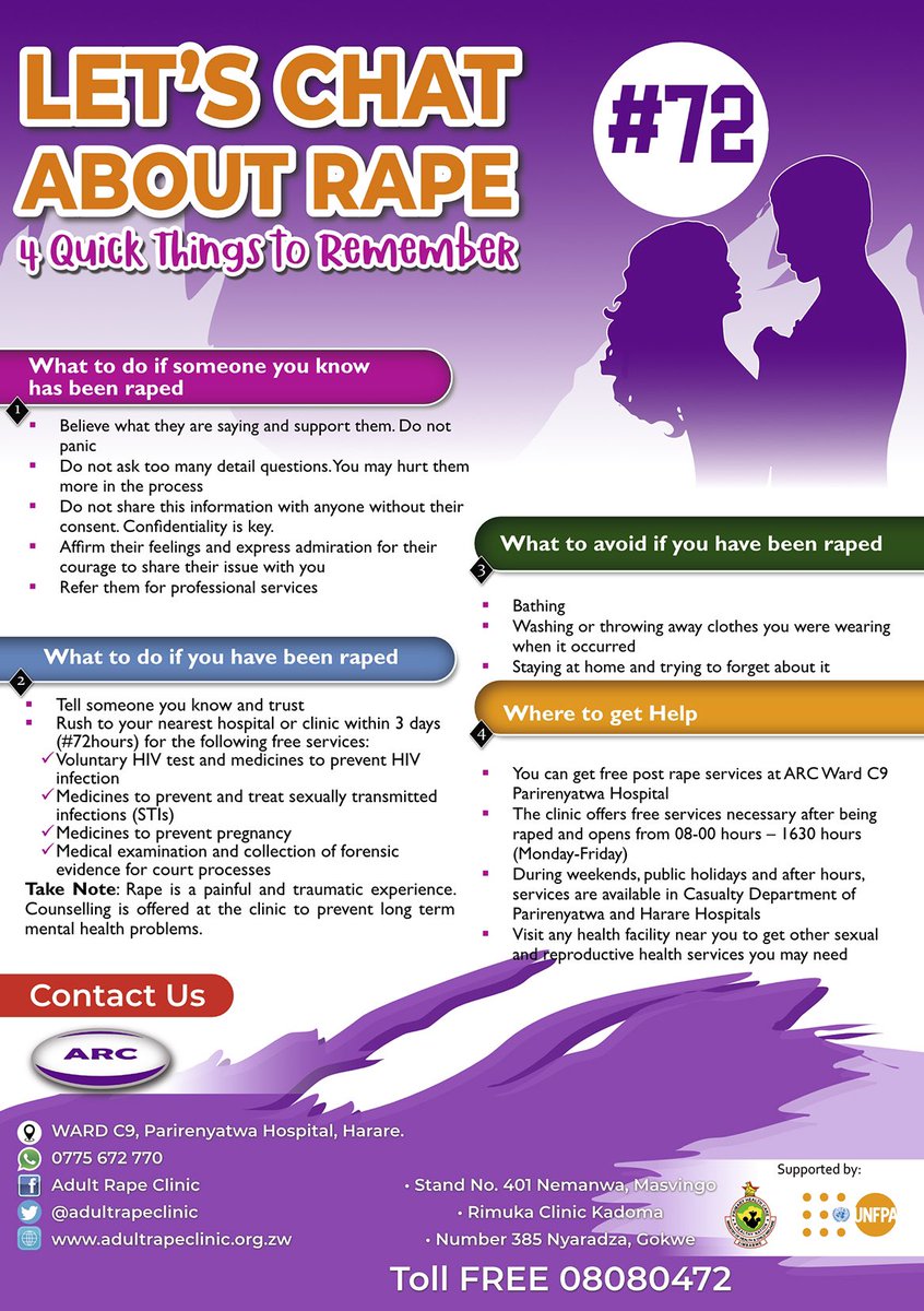 Let’s chat about #Rape
1: What to do if someone you know has been raped. 
2: What to do if you have been raped. 
3: What to avoid if you have been raped
4: Where to get help

Contact ARC on 08080472 (free for Econet) or 0775 672 770 for assistance. #72hrs