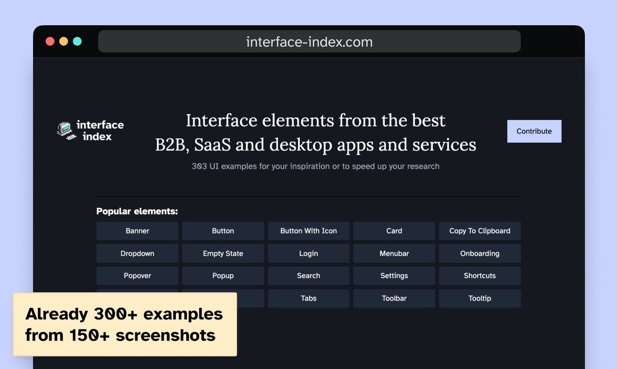 I launched a new product 🎉

It's called the «Interface Index»:
—
A 🏷collection of throughly tagged interface elements from the best B2B, SaaS and 🖥desktop apps and services.
Perfect to 🏎speed up your UI research.

producthunt.com/posts/interfac…