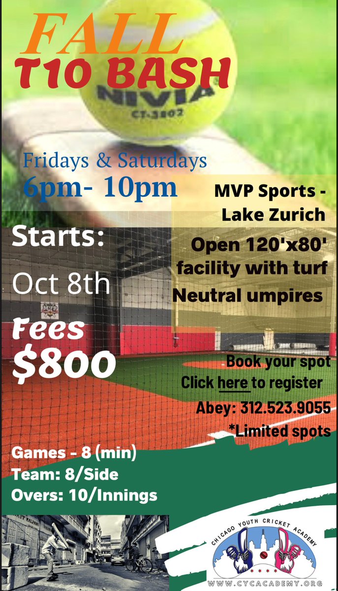 CYCacademy's tweet photo. This Fall.. come and celebrate cricket 🏏.. 
Cyca Cyca Fall T10 Bash.. #cyca #indoorcricket #ChicagoCricket https://t.co/gQ5QP3jYW4