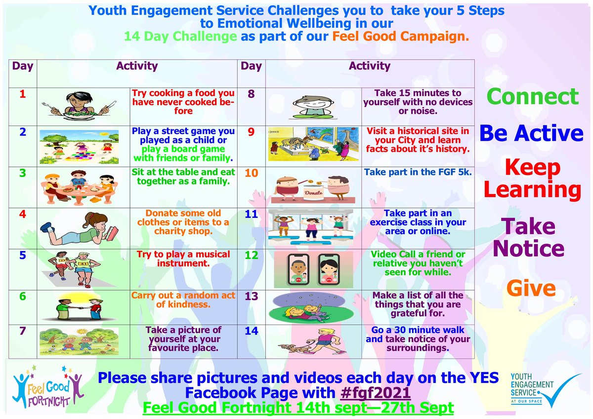 YesOurSpace (@yesourspace) on Twitter photo Today is the first day of Feel Good Fortnight 2021, we challenge you to take at least 1 of your 5 steps to emotional wellbeing every day, for the next 14 days. Here are some and don’t forget to share using the hashtag #FGF2021 <a href="/NorthWestYouth1/">North West Youth Services</a> <a href="/BBHealthForum/">Bogside and Brandywell Health Forum</a> <a href="/BUDClub1/">BUD Club</a> Today is the first day of Feel Good Fortnight 2021, we challenge you to take at least 1 of your 5 steps to emotional wellbeing every day, for the next 14 days. Here are some and don’t forget to share using the hashtag #FGF2021 <a href="/NorthWestYouth1/">North West Youth Services</a> <a href="/BBHealthForum/">Bogside and Brandywell Health Forum</a> <a href="/BUDClub1/">BUD Club</a>