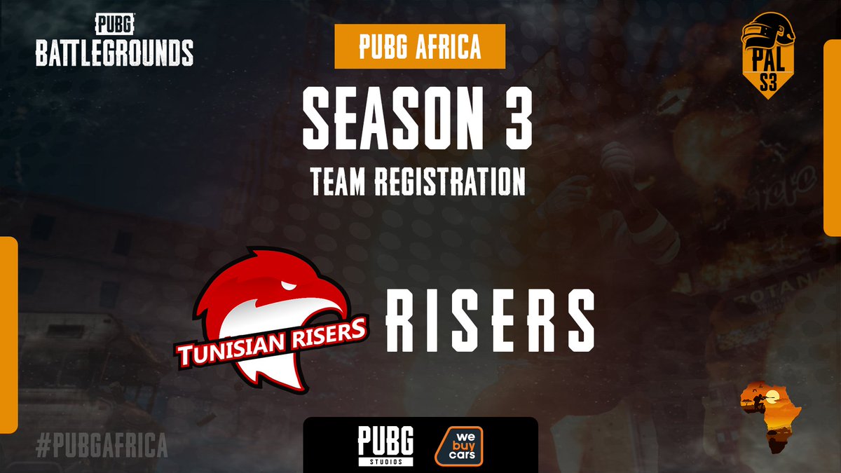 #PUBGAfrica Season 3 Registration Tracker

Risers puts their entry into Season 3. After a little break they are back for Season 3. Hailing from Tunisia sure we will see some epic plays from this team.

Sponsored by <a href="/PUBG/">PUBG: BATTLEGROUNDS</a> <a href="/Arabi_PUBG/">PUBG: BATTLEGROUNDS MENA</a> and <a href="/WeBuyCars_SA/">WeBuyCars</a>