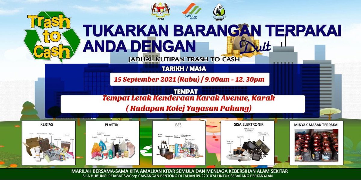 youngsyefura's tweet photo. KAUNTER DRIVE THRU "TRASH TO CASH" SWCORP BENTONG AKAN BEROPERASI SEMULA
(PEMBELIAN BARANGAN KITAR SEMULA)
♻️♻️♻️➡️➡️➡️💰💰💰
Benda boleh dapat duit... Kenapa perlu buang merata-rata???
#SWCorp
#TrashToCash
#AsingkanSisa
#KitarSemula https://t.co/0L7yvy1wyZ