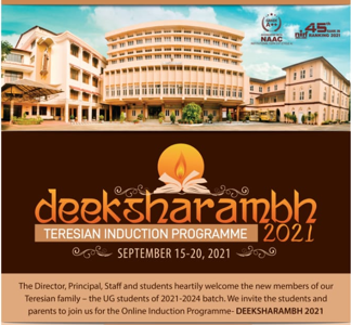 AswathiiVijayan's tweet photo. An event for freshers batch 2021-2024 is helding in an online induction programme from Sep15 to sep 20 .
 Teresa's Induction Programme _ Deeksharambh 2021 
https://t.co/3wRn1BEloZ 
#online #inductionprogramme #teresian #kochi #Freshers #event #students https://t.co/jCDUhzSLzE