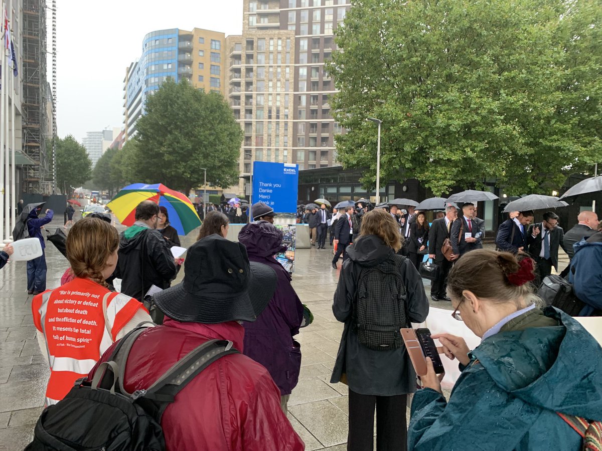 Reading out the names of those who have died as a result of the arms trade. Including those in Sanaa Yemen #stopdsei ⁦@sukaina_yemen⁩