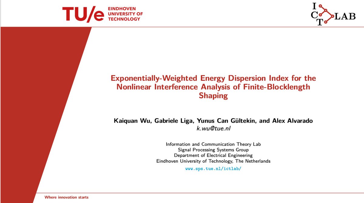 Very soon (10:15) my brilliant PhD student <a href="/kaiquan_wu/">Kaiquan Wu</a> from <a href="/ICTlabTUe/">TUe ICTlab</a> @TUeindhoven will be presenting <a href="/ECOC_Conference/">ECOC_Conference</a> on how to explain SNR dependency on blocklength for probabilistic shaping. Come and have a look. High technical quality and excellent presentation guaranteed!
