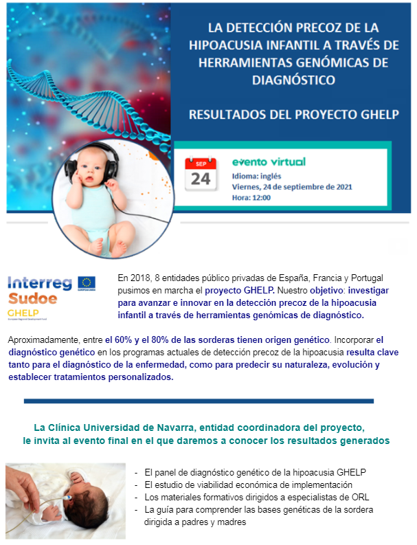 Ghelp6's tweet photo. 👉🇪🇸 El 24 de septiembre tienes una cita con nosotros en el evento virtual: La detección precoz de la hipoacusia infantil a través de herramientas genómicas de diagnóstico: Resultados del proyecto GHELP 
Inscripciones: https://t.co/JFuRefMC2X   
Acceso: https://t.co/3PmMBOb4aI https://t.co/FPsTTbEyyq