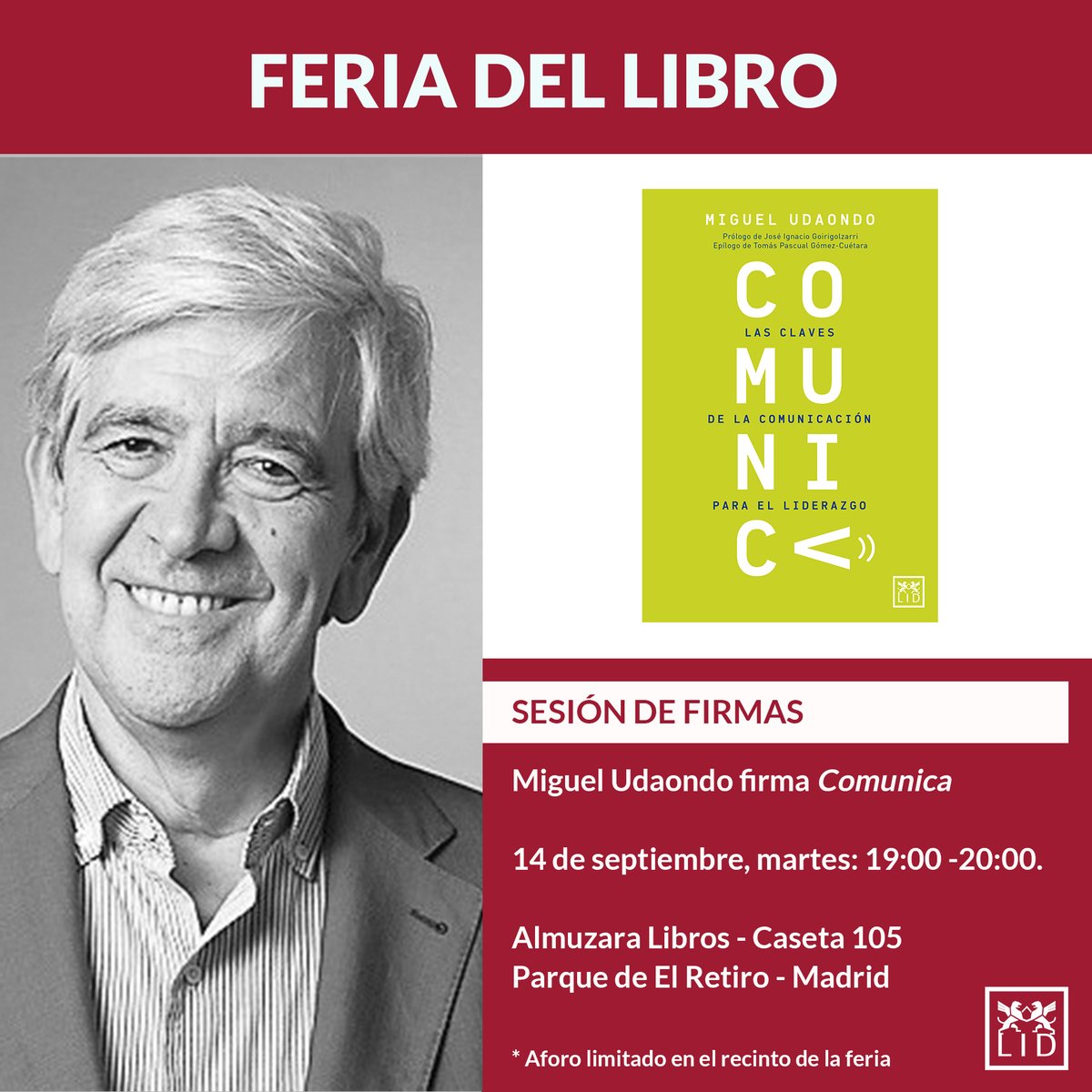 Recuerda, hoy puedes conocer a 
<a href="/mudaond/">Miguel Udaondo</a>, autor de #ComunicaLibro, en 
<a href="/FLMadrid/">Feria del Libro de Madrid</a>
 Acércate de 19:00 a 20:00 a la caseta 105, <a href="/AlmuzaraLibros/">Almuzaralibros</a> y llévate tu ejemplar firmado.

<a href="/_ElRetiro/">El Parque del Retiro</a> <a href="/Disbook_es/">Disbook</a>
 #FeriadelLibrodeMadrid #feriadellibrodemadrid2021 #Comunicación