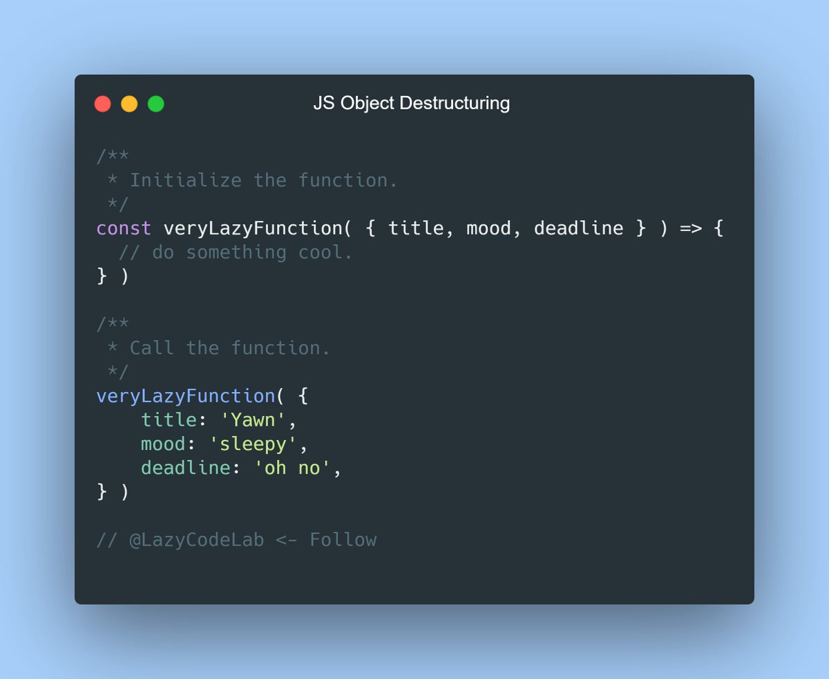 LazyCodeLab's tweet image. 🔥💁♂️ Tuesday Tip 💁♂️🔥
JS Object Destructuring.
Using this approach can really make your code cleaner and improve readability.
Follow @lazycodelab for more.
#lazycodelab #tuesday #tuesdaytip #tip #trick #js #javascript #javascriptdeveloper #object #programming #cleancode  #coding