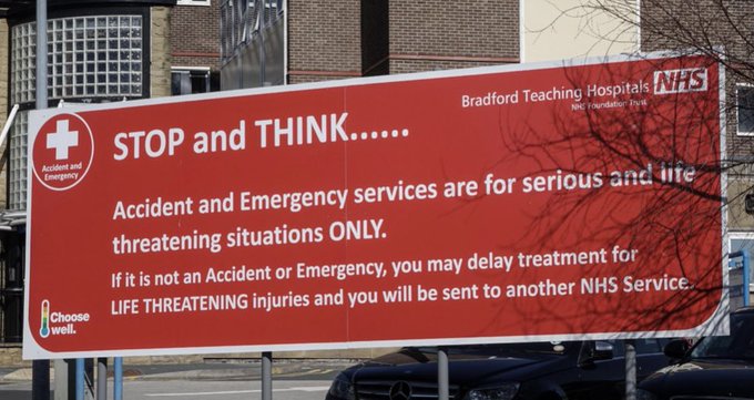 Accident and Emergency <a href="/BTHFT/">Bradford Teaching Hospitals NHS FT</a> is currently extremely busy. Please only attend if your condition is a medical emergency.

If your condition is not an accident or emergency, you will be sent to another NHS service. #ChooseWell #HelpUsHelpYou #Bradford <a href="/aedbthft/">AED- Bradford Emergency Department 💙</a>