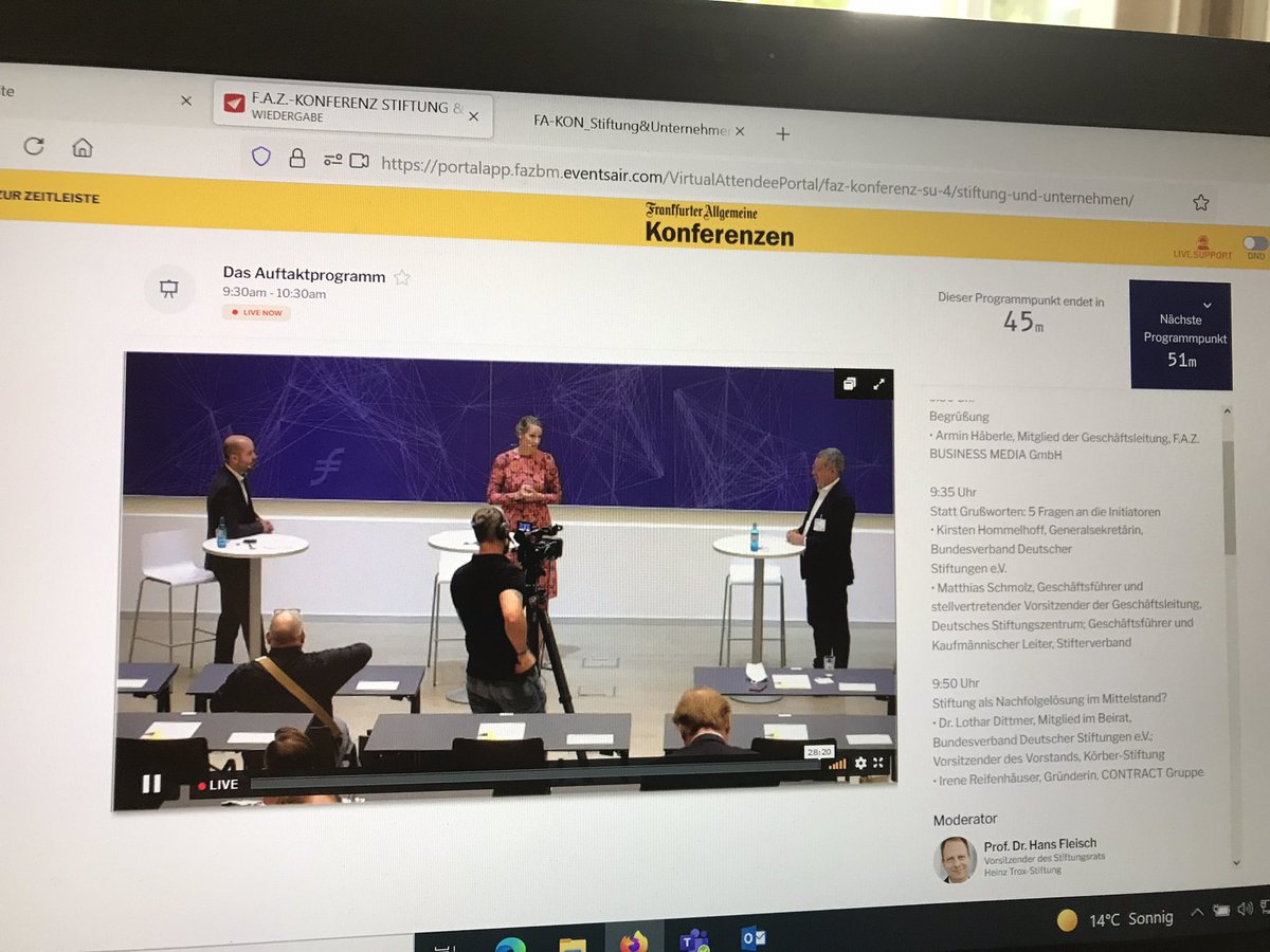 Heute bei der Konferenz „#Stiftung &amp; Unternehmen“ der <a href="/FAZ_NET/">Frankfurter Allgemeine gesamt</a>. Die @Stiftung_DSV nutzt das Hyprid-Modell: ich bin online dabei, <a href="/LuiseWill6/">Luise Will</a> in Frankfurt vor Ort.