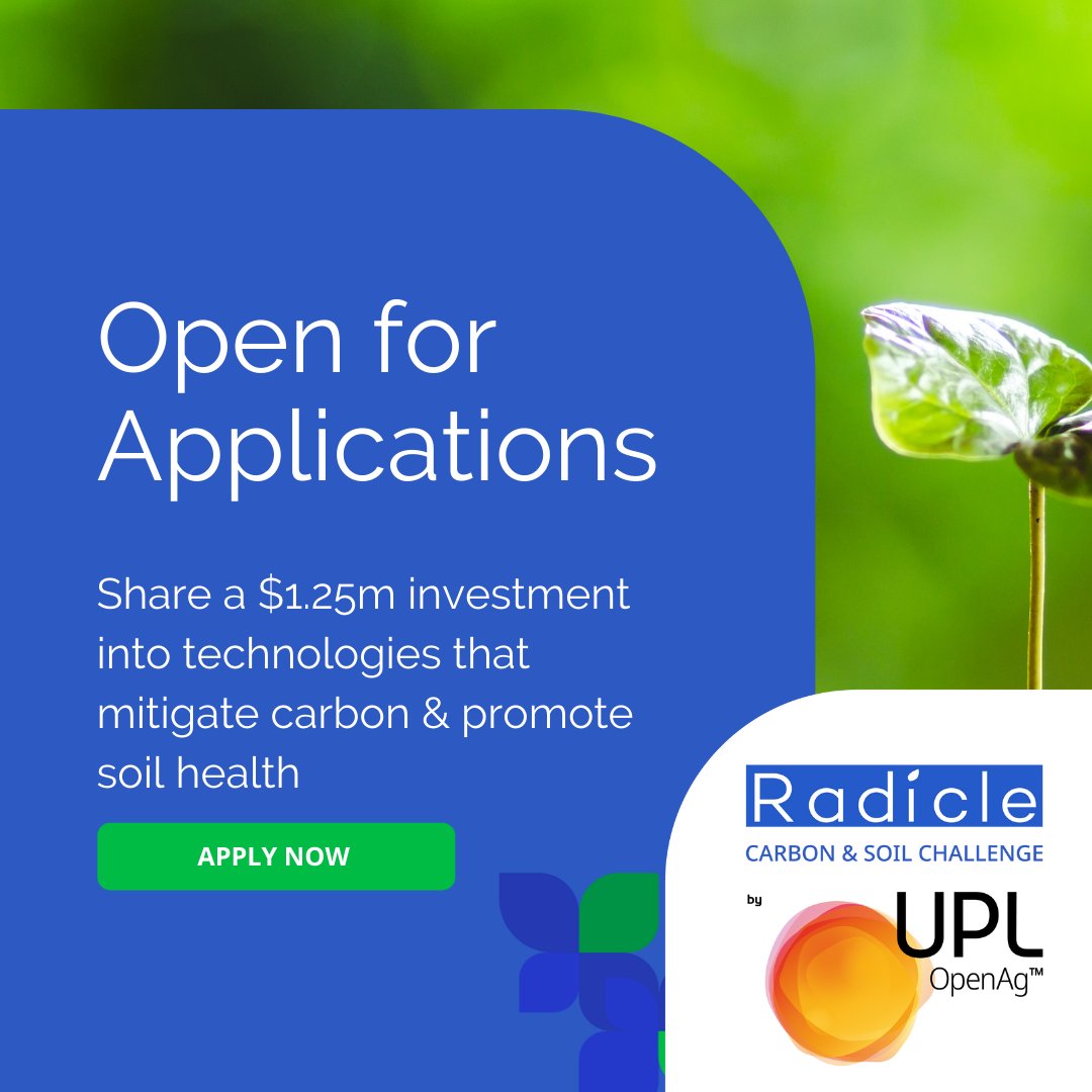 The Radicle Carbon &amp; Soil Challenge by UPL officially opens for applications today! We have an investment of $1.25M ready for the top two Ag or Food Tech ideas that will help solve carbon &amp; soil health issues facing the world. Apply today!
radicle.vc/carbon-soil-ap…