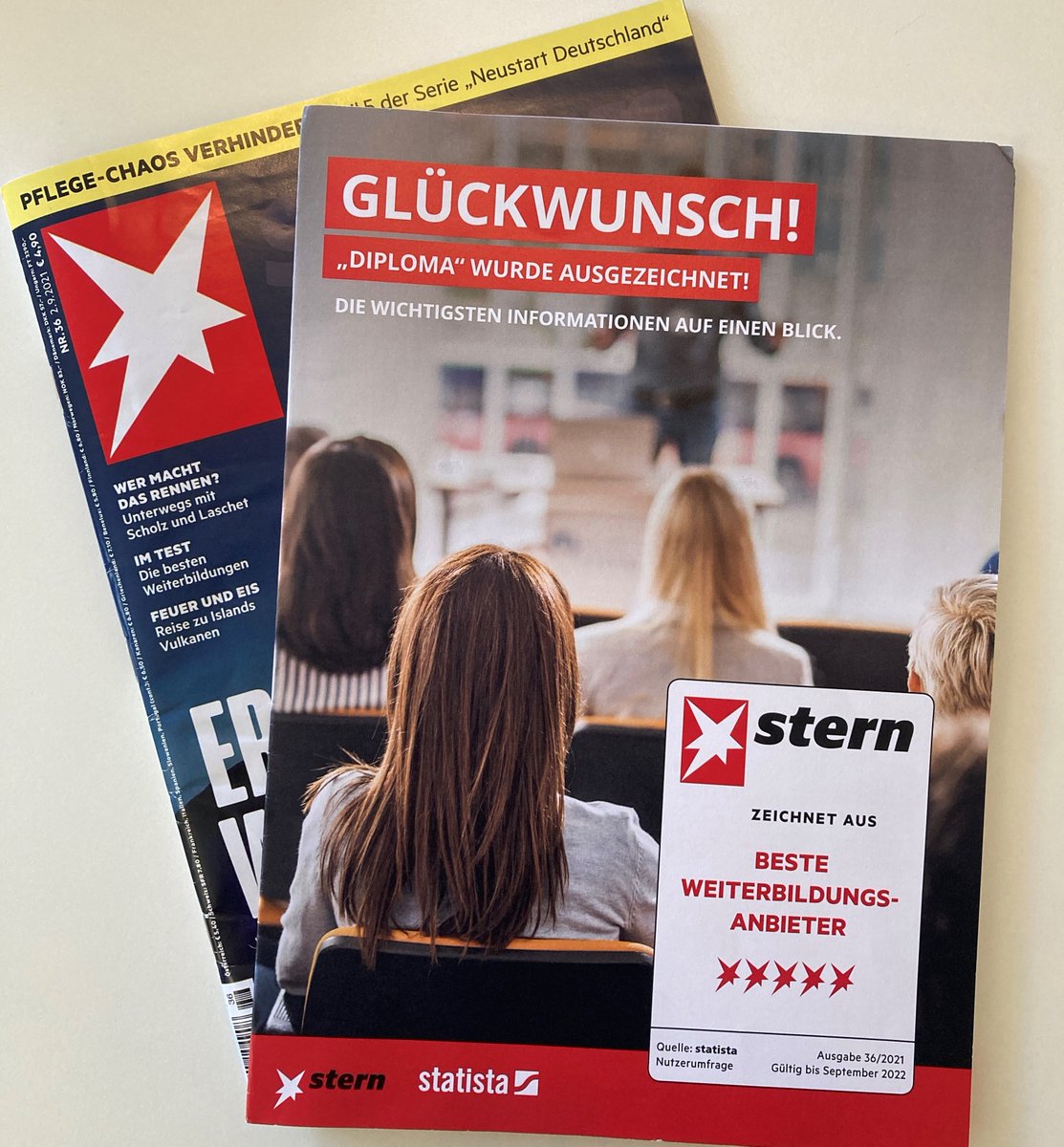 Der #stern hat die besten Weiterbildungsangebote für Erwachsene ermittelt: Als #Fernhochschule belegt die DIPLOMA dabei Platz drei!🎊🎉 - mit Höchstpunktzahlen in #Lernqualität, Preis-Leistungs-Verhältnis und Zufriedenheit/Weiterempfehlung. 
Artikel unter: bit.ly/2VL4CRG