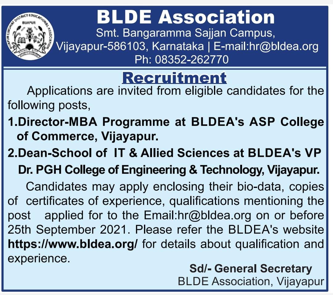 MBPatil's tweet photo. The BLDE Association, Vijayapura invites applications for the position of Director and Dean for its reputed colleges. Candidates with relevant experience and exposure may apply. Refer the following ad for details.
email: hr@bldea.org
@BLDEAssociation https://t.co/aqvRri72Hl