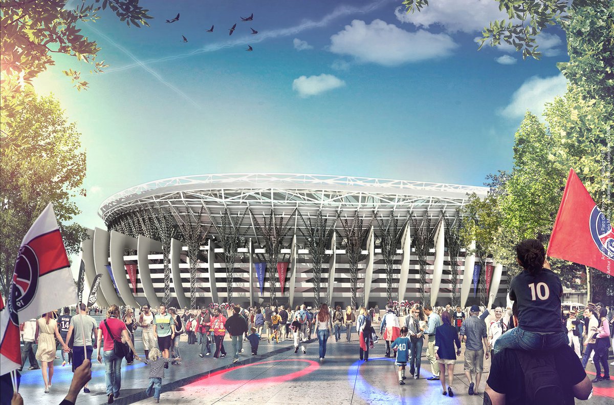 ParisFutur's tweet photo. Le PSG voudrait agrandir le Parc des Princes. Des architectes avaient imaginé un projet d'extension du stade en 2015 pour passer de 48.000 places à 75.000. La structure entourant le stade représenterait plusieurs tours Eiffel à l’envers. 

Qu’en pensez-vous ? 
#parisfutur https://t.co/goBNnbeIKM
