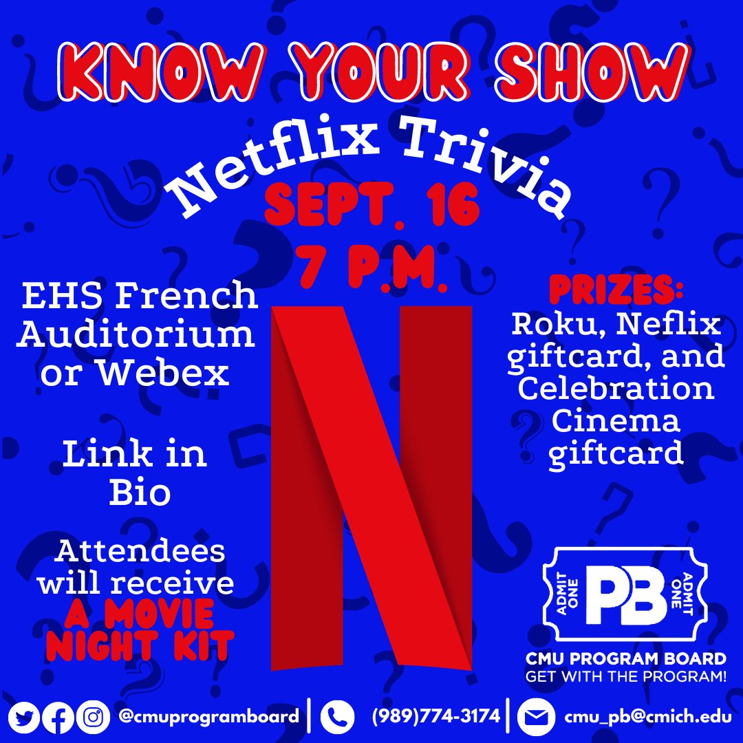 CMUProgramBoard's tweet photo. Join us for the chance to win from an array of amazing prizes at our Netflix Trivia event this week! https://t.co/TRODIgK4vv