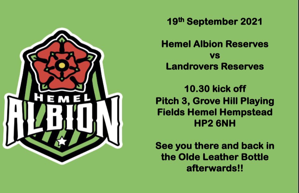 ⚽️ Home vs <a href="/LandroversFC/">LandroversFC</a> Reserves 
📆 Sunday 19/09/21
🏟 Pitch 3, Grovehill Playing Fields
🏆 - BSFL Divison 3
⏰ 10:30am ko.

⚽️🟢⚫️

#UpTheAlbion
#Alltheboys
@hemelablion
@thedesigngang <a href="/spivey4sport/">PETER SPIVEY LTD</a>
@Tolbpub #klinsellbuildingcontractors #SidequestTgc
sidequesttgc.com