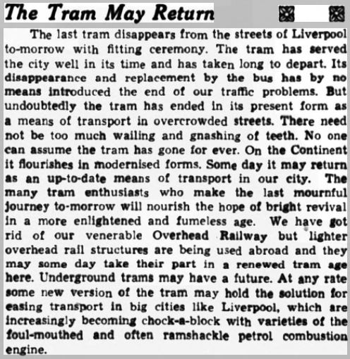 Liverpool1207's tweet photo. #Liverpool OTD - 1957: Many lamented as the city's last tram made its journey from the Pier Head to Bowring Park.
If only we had city leaders with the vision to introduce a modern version... https://t.co/iUNx10rEuS