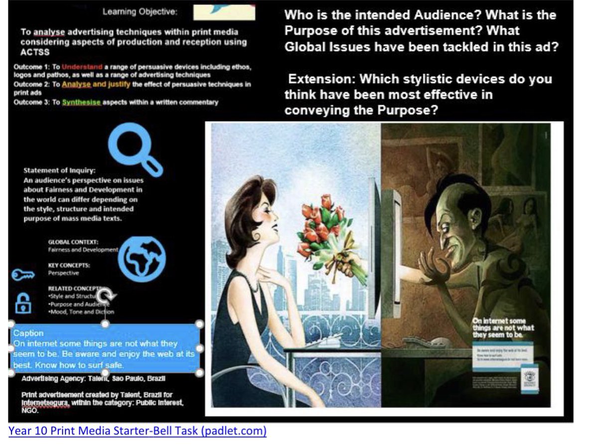 DIA_EngDpt's tweet photo. Good advertising does not just circulate information. It penetrates the public mind with desires and beliefs. Today our #year10 collaboratively analysed advertising techniques within print media considering aspects of production and reception. #structure #Englishrocks #DIA #ACTSS https://t.co/1VjqJjVuWB