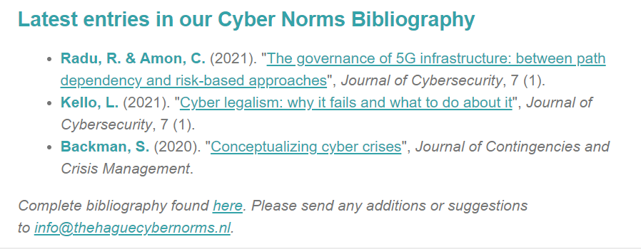 The Hague Program on International Cyber Security (@thehagueprogram) on Twitter photo And some additions to our #cybernormsbibliography by <a href="/r0xanaradu/">Roxana Radu</a> & <a href="/CedricBAmon/">Cedric Amon</a>, <a href="/KelloLucas/">Lucas Kello</a> & @SarahBackman4.
Do you have any suggestions for us? Send us a DM or email us at info@thehaguecybernorms.nl
Find the complete bibliography here: thehaguecybernorms.nl/cyber-norms-bi… 8/8 And some additions to our #cybernormsbibliography by <a href="/r0xanaradu/">Roxana Radu</a> & <a href="/CedricBAmon/">Cedric Amon</a>, <a href="/KelloLucas/">Lucas Kello</a> & @SarahBackman4.
Do you have any suggestions for us? Send us a DM or email us at info@thehaguecybernorms.nl
Find the complete bibliography here: thehaguecybernorms.nl/cyber-norms-bi… 8/8