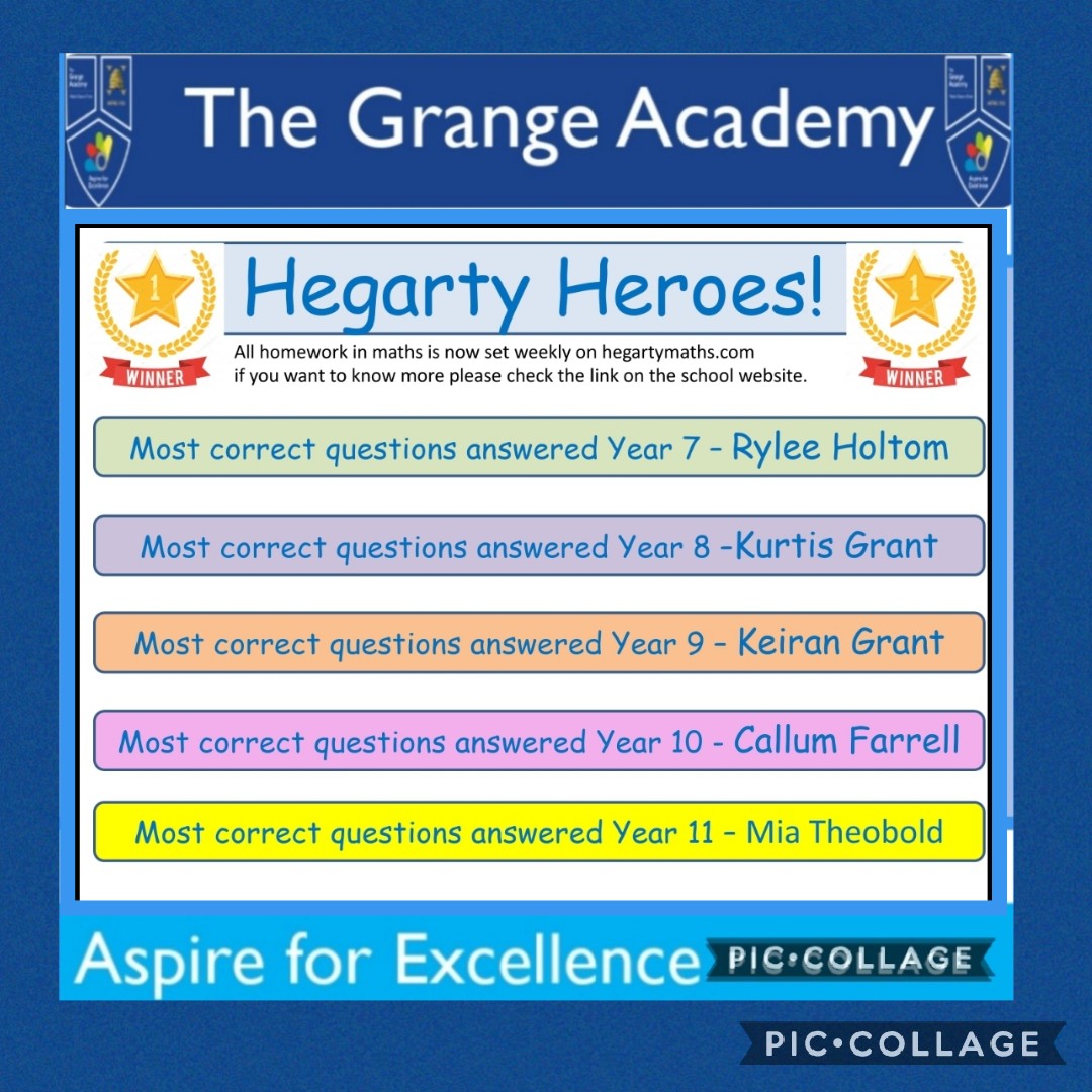 TheGrange_maths's tweet photo. A huge congratulations to our first Hegarty Heroes of the new school year; and a big welcome to our year 7s 🌟
These students are the Hegarty Heroes for the week beginning 13 09 21 and they have come top in each of their year groups
#thegrangeacademy 
#aspireforexcellence https://t.co/AWlIYHq9Pd