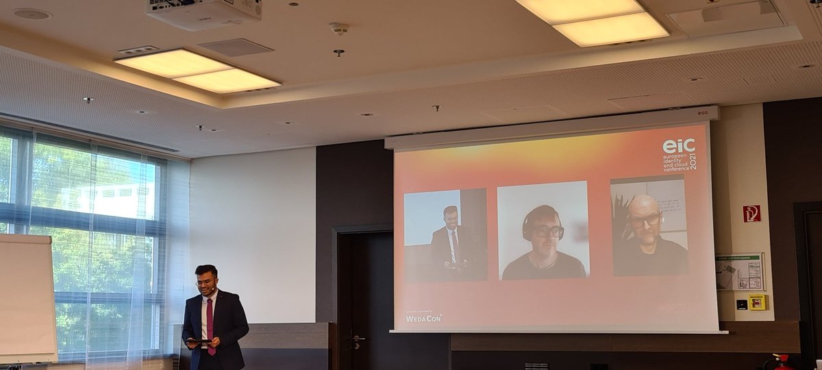 joergresch's tweet photo. #decentralized again a key topic at #EIC2021. Panel session on the fastly incoming wave of decentralized identity with @michelenati, John Phillips of @460degrees and @kuppingercole's @rajhegde_ https://t.co/LFRjiOhK42