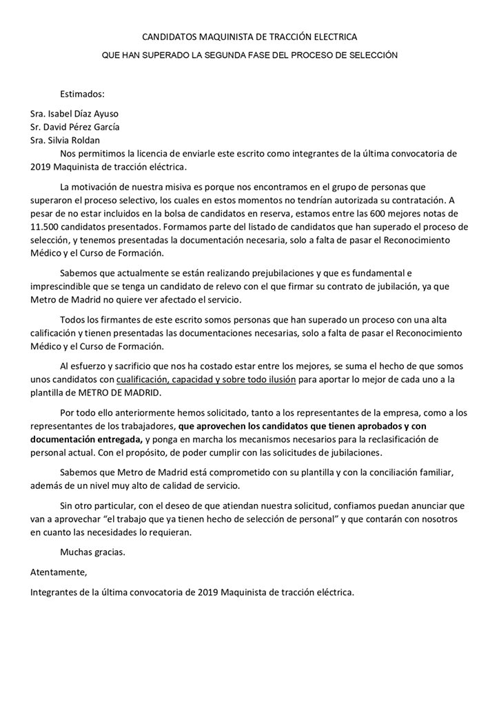 MetroBolsa's tweet photo. @SCMMetro @es_INE @metro_madrid Buenos días.¿faltan refuerzos? Aquí estamos nosotros! @davidperez @IdiazAyuso @silrolfer Somos integrantes de la última bolsa de maquinistas de tracción eléctrica y queremos haceros llegar esta carta. https://t.co/oCmOI2Bi3K