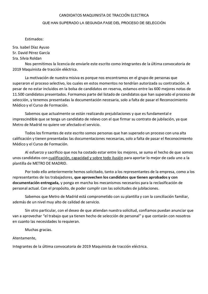 MetroBolsa's tweet photo. @davidperez Buenos días.¿faltan refuerzos en @metro_madrid ? Aquí estamos nosotros! @davidperez @IdiazAyuso @silrolfer Somos integrantes de la última bolsa de maquinistas de tracción eléctrica y queremos haceros llegar esta carta. Deseamos lo mejor para SectorTaxi! https://t.co/dIivPXXEja