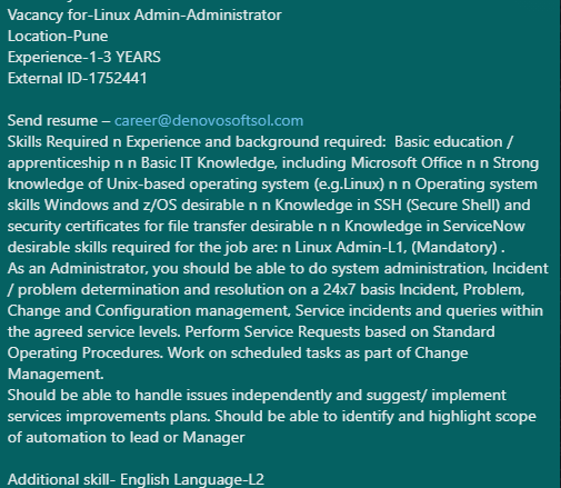 denovosoftsol's tweet photo. #denovojobs #denovo
Vacancy for-Linux Admin-Administrator
Location-Pune
Experience-1-3 YEARS
External ID-1752441
Send resume – career@denovosoftsol.com
#linux #programming #coding #cybersecurity #kalilinux #itoperation #itservice #python #programmer #technology https://t.co/2P3CwtMo6d