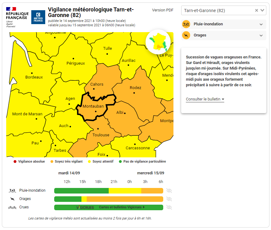 sdis82's tweet photo. ALERTE MÉTÉO - VIGILANCE ORANGE AU RISQUE D'ORAGES PLUIE-INONDATION
Le Département du Tarn-et-Garonne est placé par Météo France, aujourd'hui, à compter de 15h jusqu’à demain en vigilance orange au risque d'orages et vigilance orange pluie-inondation.
#Prefet_82
#vigilanceOrange https://t.co/Qd4HKfcPFZ