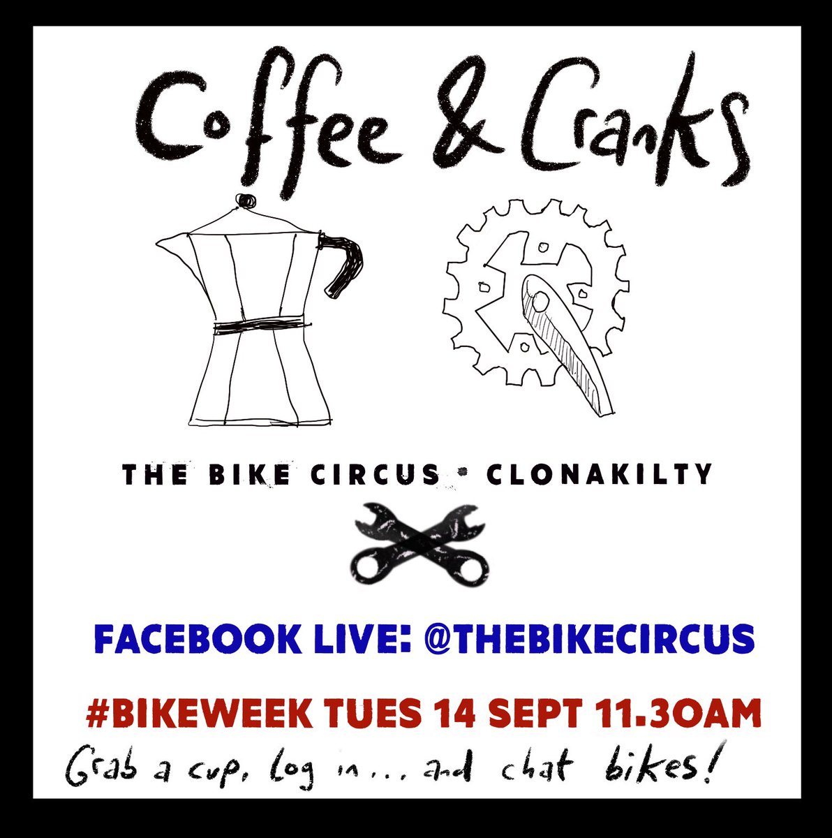 Special #BikeWeek edition of Coffee &amp; Cranks this morning 11.30am on Facebook Live chatting about cycle touring and bike holidays. <a href="/cyclistie/">Irish Cycling Campaign</a>