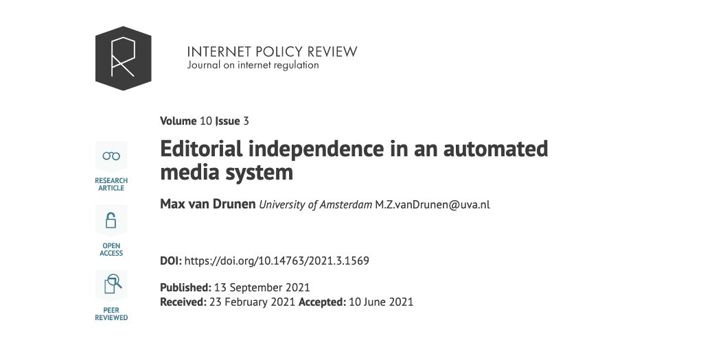 hiig_berlin's tweet photo. New paper by @maxvandrunen (@UvA_Amsterdam) in @PolicyR on the challenges of editorial independence in a #mediasystem that increasingly relies on #automated decision-making processes to produce and distribute #news. #journalism #ddj
#OpenAccess 🔓: https://t.co/8Ij8LAhKR3 https://t.co/HTQjm85e6O