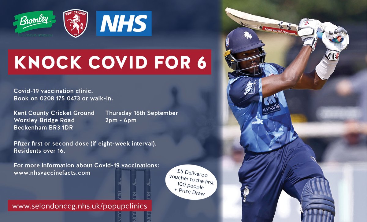 📢Haven't had your vaccine yet? Don't miss this opportunity.
 
➡️ Over 16. Thursday 16 Sept  2-6pm
➡️ Kent County Cricket Ground, Worsley Bridge Rd BR3 1DR
➡️ Book on 0208 175 0473 or walk in
➡️ Deliveroo vouchers (first 100) and prize draw

<a href="/KentCricket/">Kent Cricket</a> <a href="/CPFC/">Crystal Palace F.C.</a> <a href="/BeckenhamPark/">Beckenham Place Park</a>