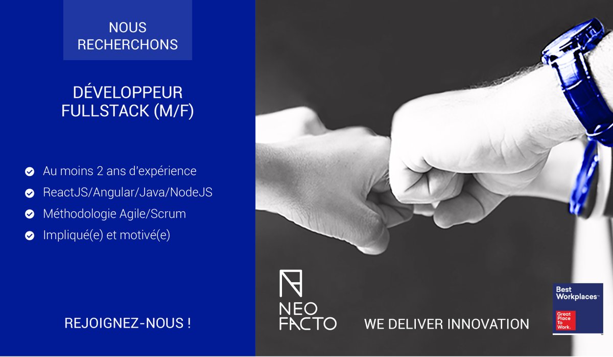 👋 👋 On recrute !
Nous recherchons un développeur FullStack pour rejoindre notre équipe à Paris 🇫🇷

📣 Pour plus d'info RDV sur : lnkd.in/dk9sY_Vh

#wearehiring #jobalert #hiring #job #ITteam #NEOFACTO #developer #fullstack #blockchain