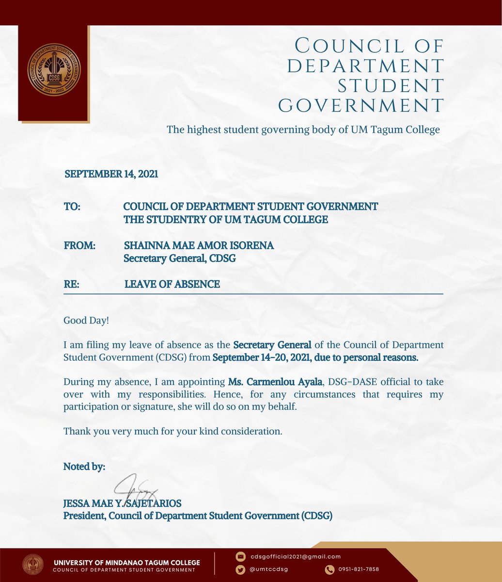umtccdsg's tweet photo. 𝐂𝐃𝐒𝐆 𝐑𝐄𝐏𝐎𝐑𝐓: This is an announcement that Shainna Mae Amor Isorena, Secretary General of the council and Committee head of Records and Documentation, filed a Leave of Absence effective September 14-20, 2021, citing personal reasons. https://t.co/SxtQ5H6VvH