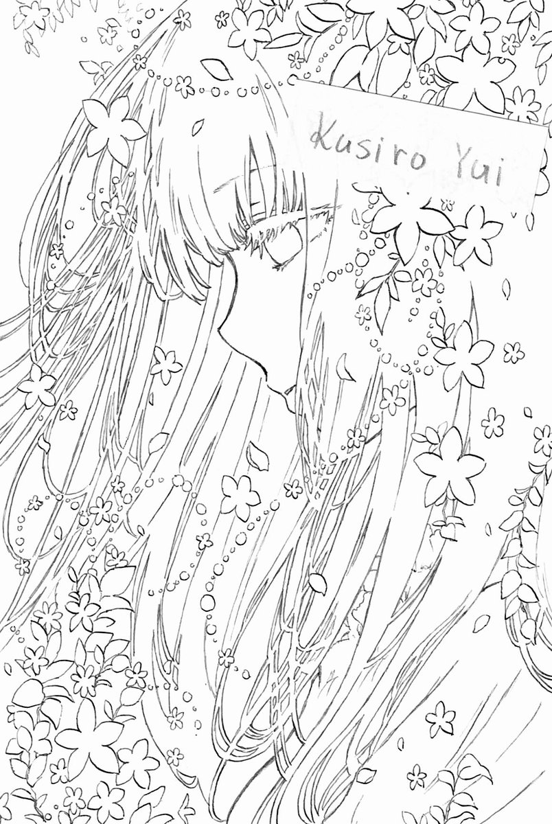 ハガキサイズの花畑💐線画 