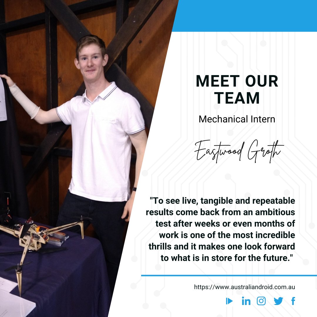 Get to know the team at Australian Droid + Robot! 

Meet our Mechanical Intern, Eastwood Groth! 

See our latest post via LinkedIn: linkedin.com/feed/update/ur… 

#safetybyseparation #innovation #Australianmade #technology #robots #drones #AustralianDroidandRobot