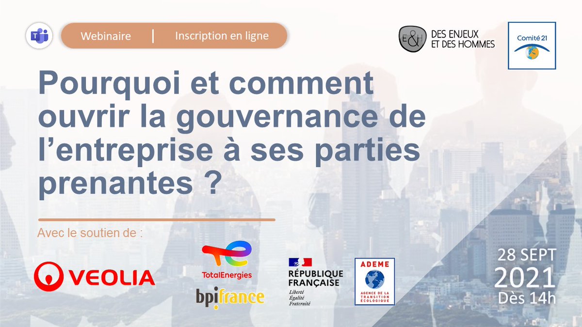 [#Webinaire #RSE]
Comment ouvrir la gouvernance de l'entreprise aux parties prenantes ?
🎙️Le <a href="/Comite21/">Comité 21</a> et @desEdesH présenteront leurs propositions, suivies d'une table ronde avec <a href="/Veolia_FR/">Veolia France</a>, @IFA_asso, @FinforTomorrow
🗓️Le 28 septembre à 14h !
S'inscrire👉cutt.ly/BW0ggMy