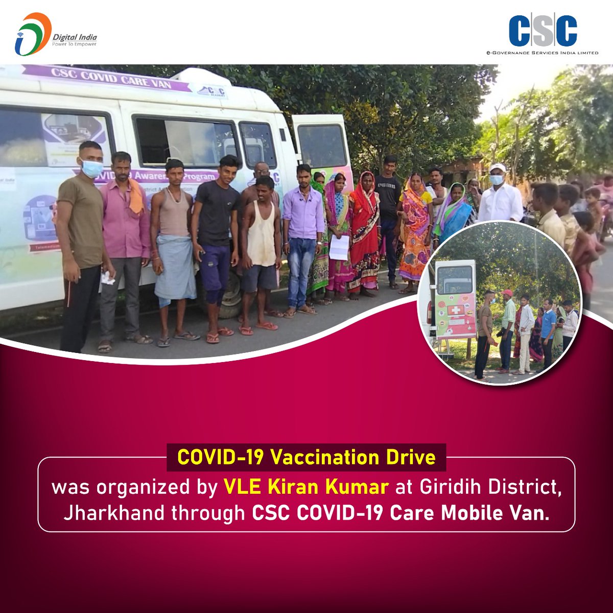 COVID-19 Vaccination Drive was organized by VLE Kiran Kumar at Giridih District, #Jharkhand through CSC COVID-19 Care Mobile Van.

#CSC #CSCFightCovid #DigitalIndia #Unite2FightCorona #COVID19 #COVID19Vaccination #WearAMask