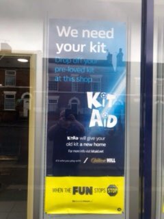 Really pleased that our partnership with William Hill has started and kit can be dropped off at any WH shop across the UK until 27 September.
Here is a #WilliamHill shop window in Chesterfield
