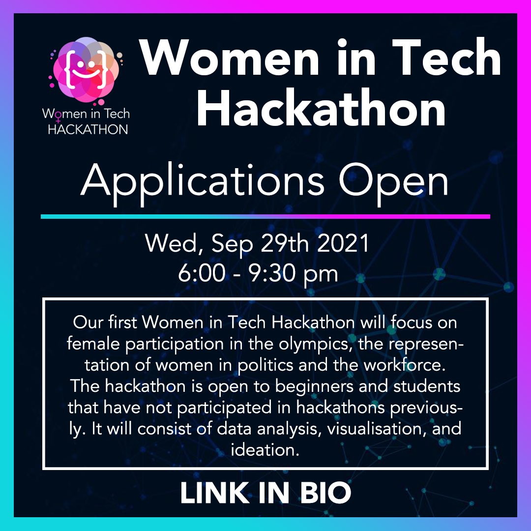 thedatasoc's tweet image. Applications are now open for our first ever Women in Tech Hackathon, Wed Sept 29th! 👩🏽‍💻

During this event, you will analyse datasets relating to female participation and representation, visualising your insights in a group presentation💡

Apply now 👉 lnkd.in/eXnQtTXt